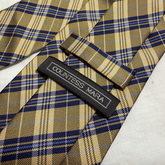 Countess Mara Silk Plaid Tie – Gold & Navy with Crown Crest - Picture 8 of 10